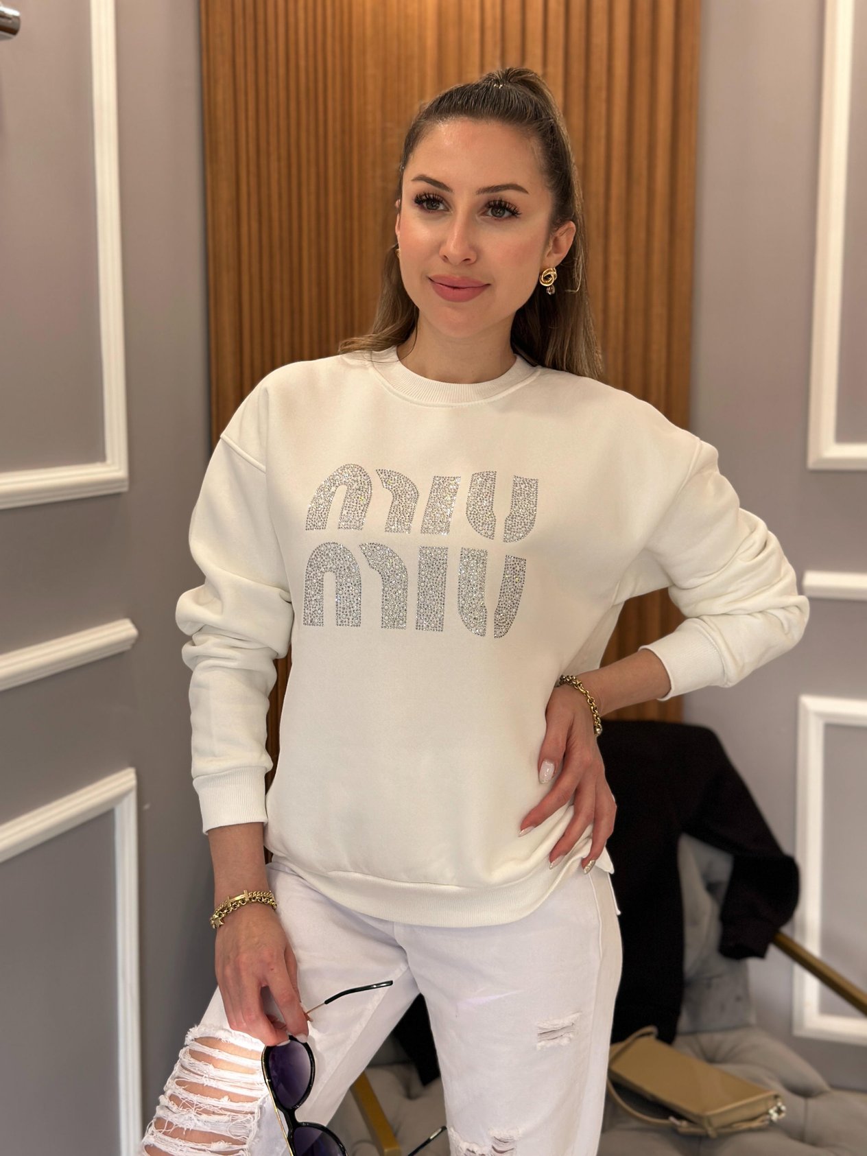 Mi Sweat Taşlı Beyaz