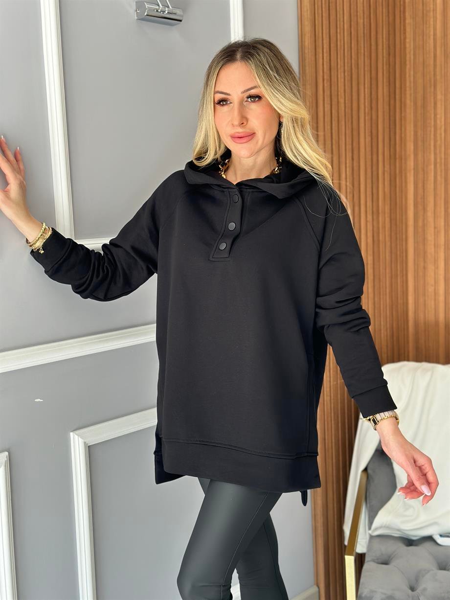 Sweatshirt Basic Oversize Yandan Yırtmaçlı Siyah