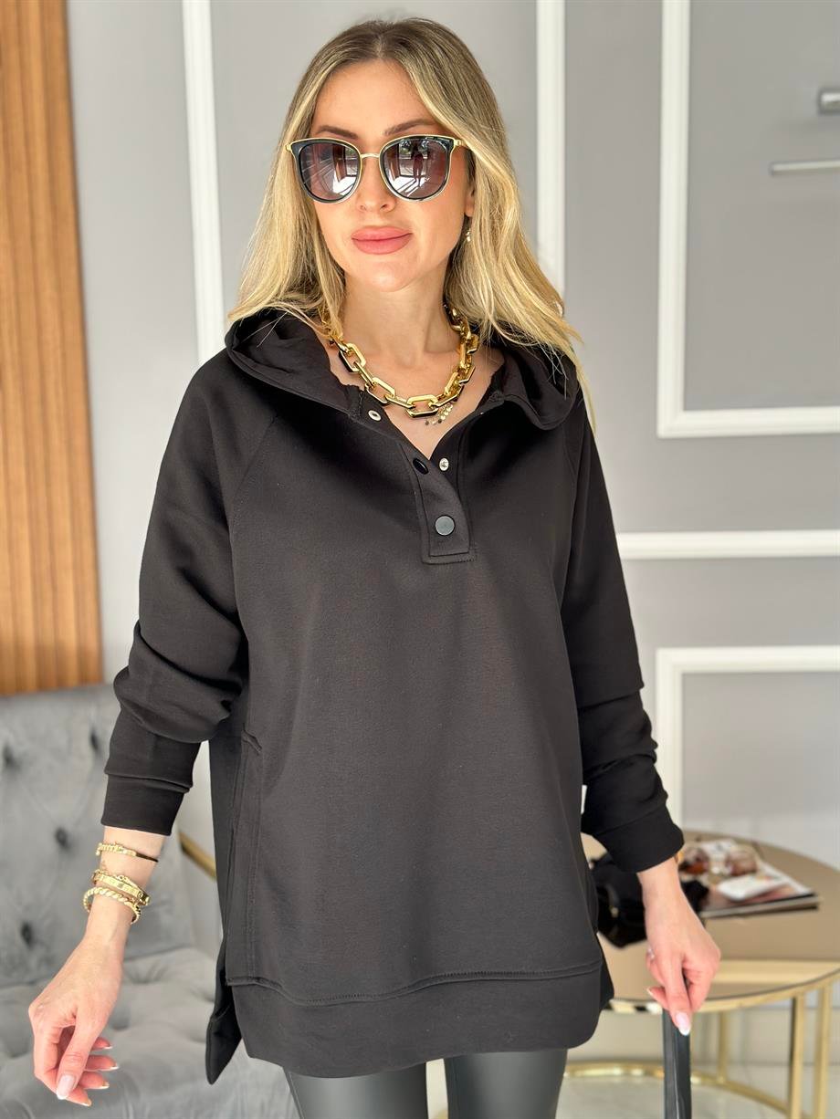 Sweatshirt Basic Oversize Yandan Yırtmaçlı Siyah