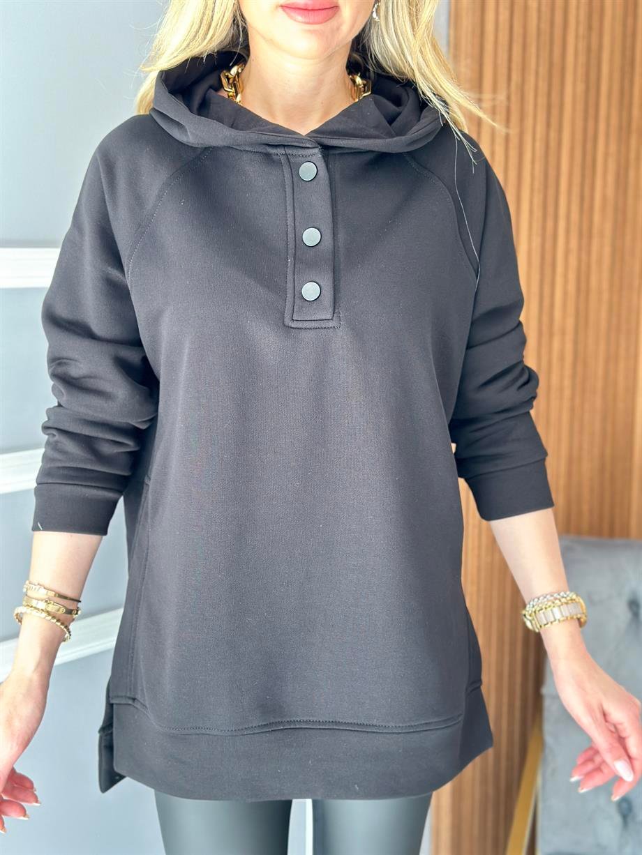 Sweatshirt Basic Oversize Yandan Yırtmaçlı Siyah