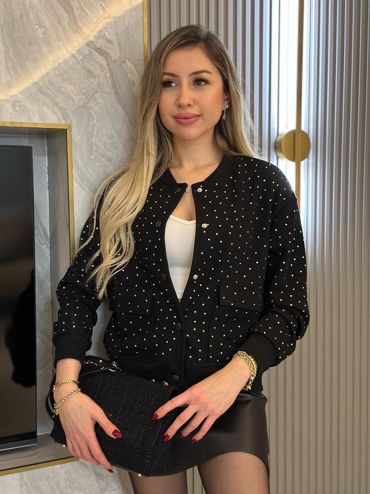 Zr Sweat Ceket Serpme Taşlı Siyah