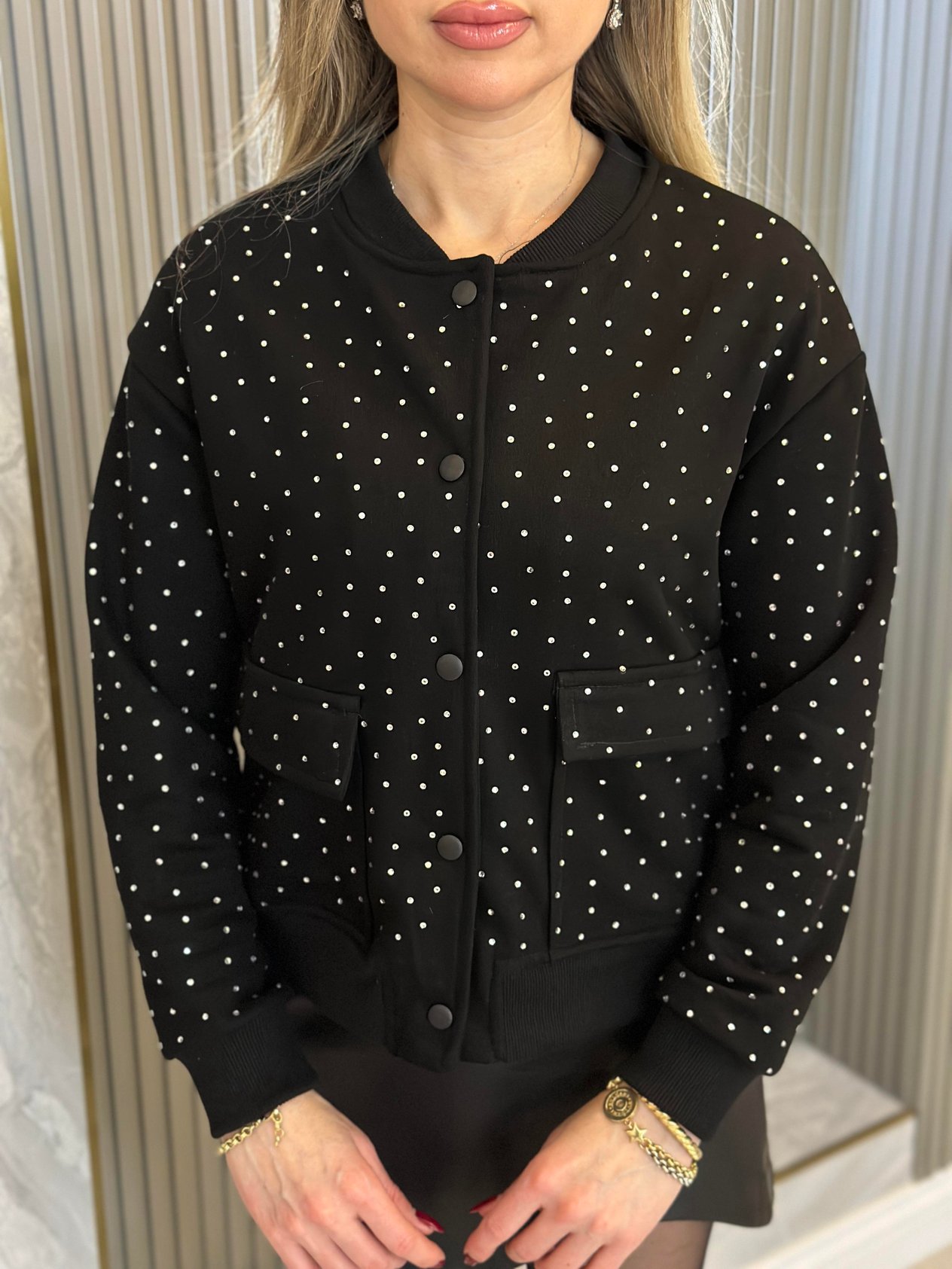 Zr Sweat Ceket Serpme Taşlı Siyah