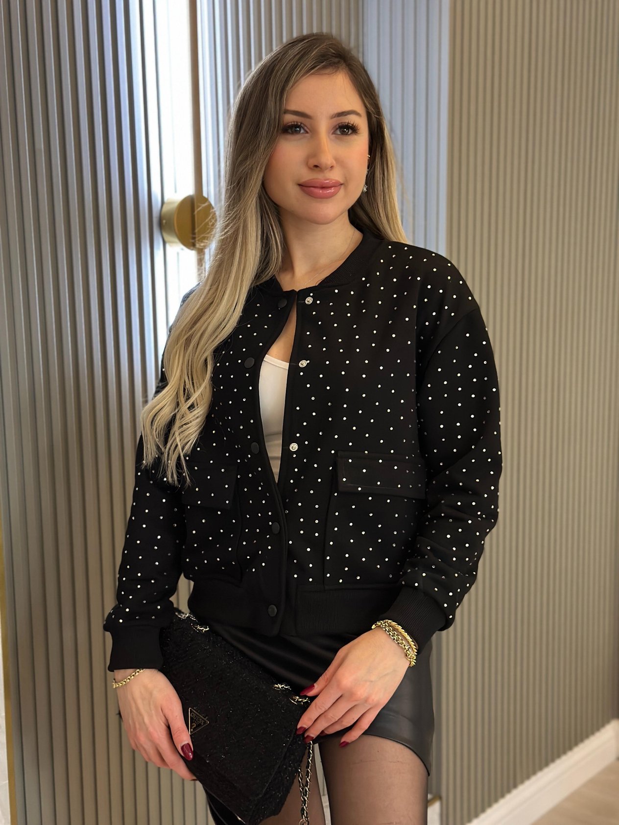Zr Sweat Ceket Serpme Taşlı Siyah