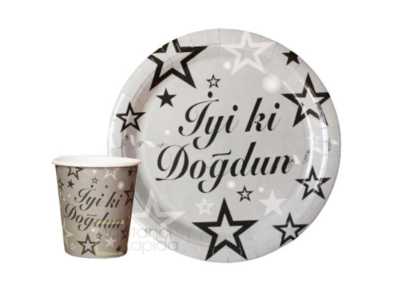 İyi ki Doğdun Gümüş Karton Tabak Bardak 8'li Set