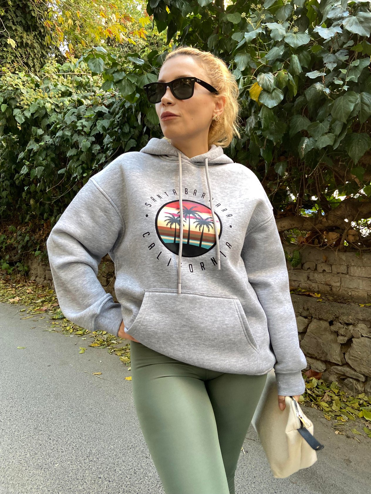 Baskılı Gri Kapüşonlu Sweatshirt
