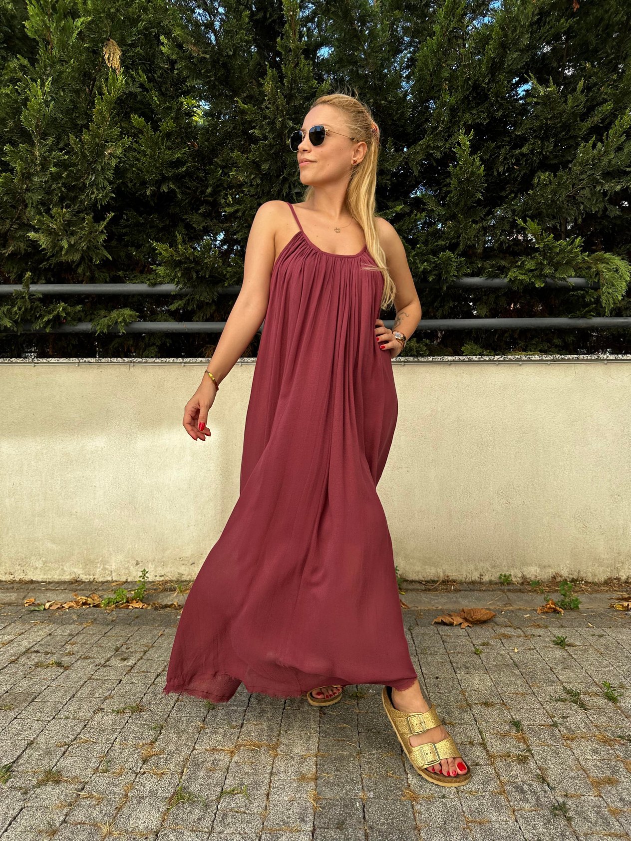 Bordo Renk Askılı Pamuk Elbise