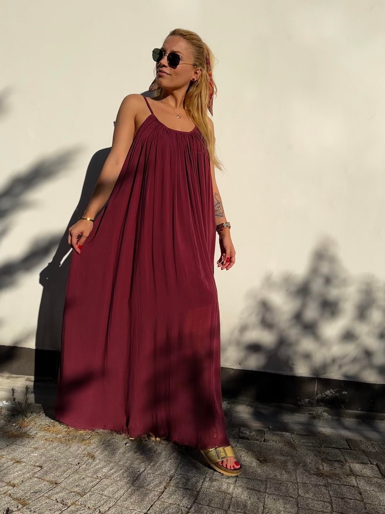 Bordo Renk Askılı Pamuk Elbise