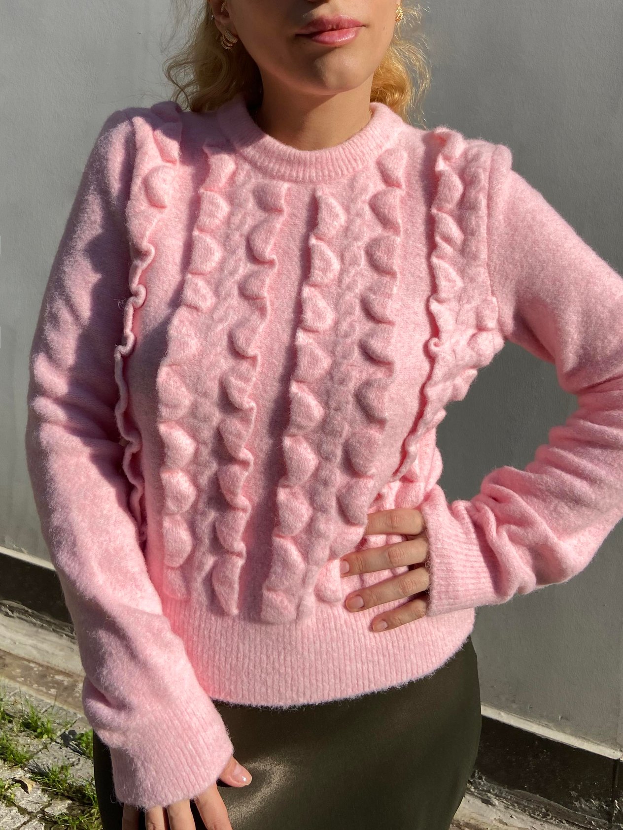 Pembe Renk Bisiklet Yaka Fırfırlı Kazak