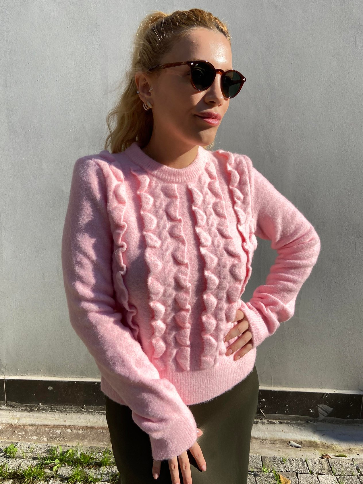 Pembe Renk Bisiklet Yaka Fırfırlı Kazak