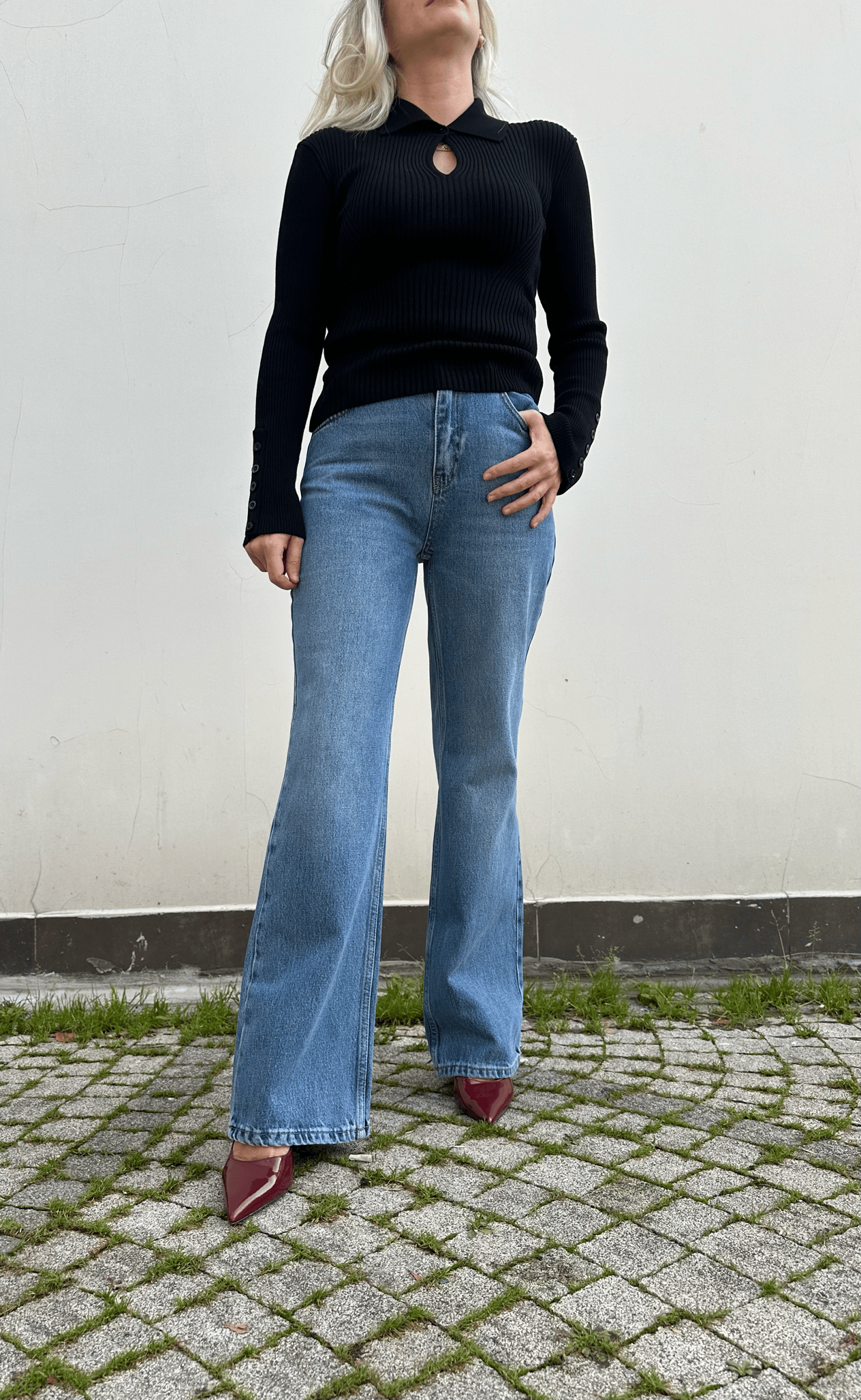 Taş Yıkama Mavi Renk Wide Leg Jean