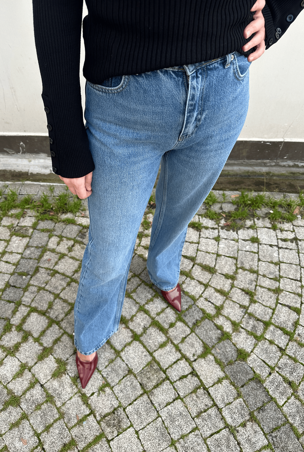 Taş Yıkama Mavi Renk Wide Leg Jean