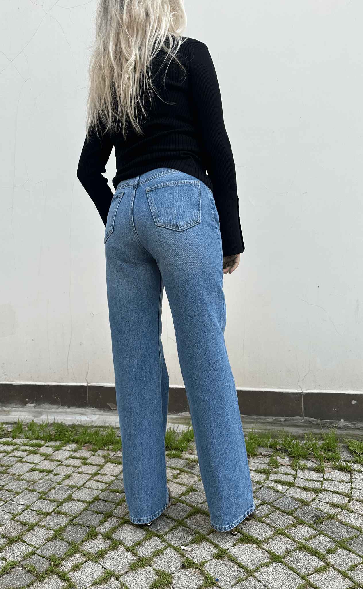 Taş Yıkama Mavi Renk Wide Leg Jean