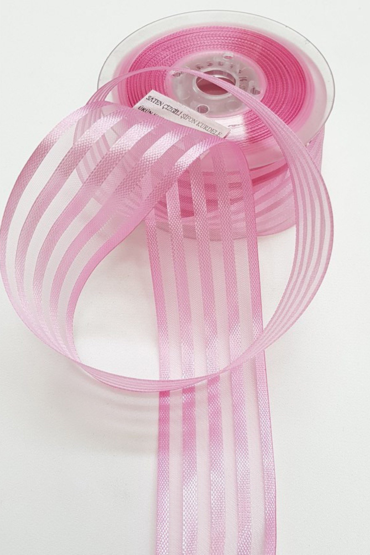 Bebe Pembe Saten Çizgili Şifon Kurdele 4Cm