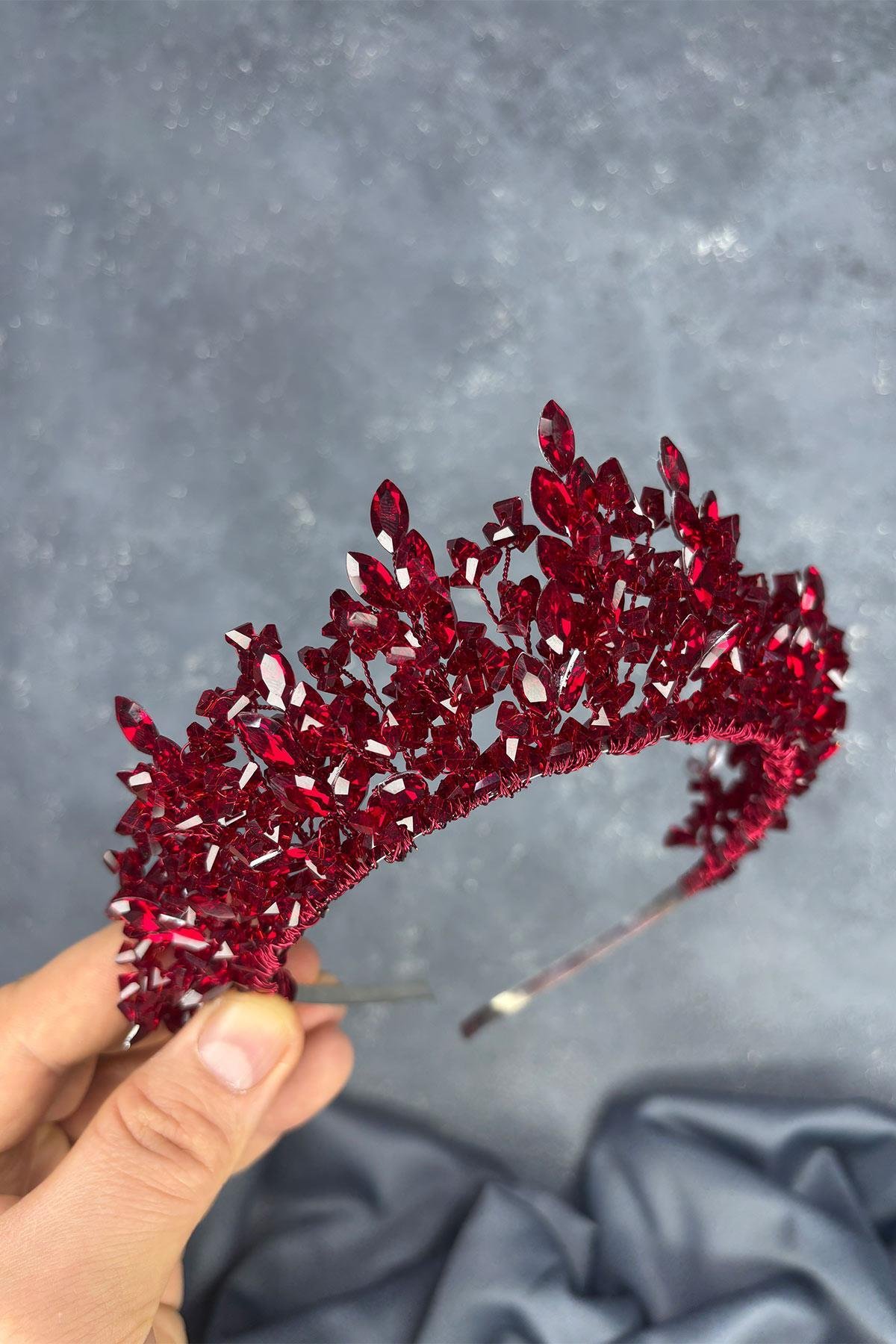 Bordo Doğa Boncuklu Gelin Kına Tacı Gelin Saç Aksesuarı