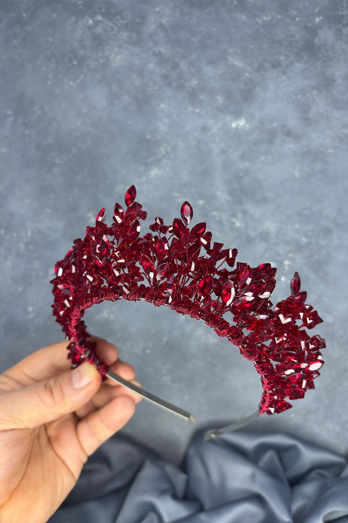 Bordo Doğa Boncuklu Gelin Kına Tacı Gelin Saç Aksesuarı