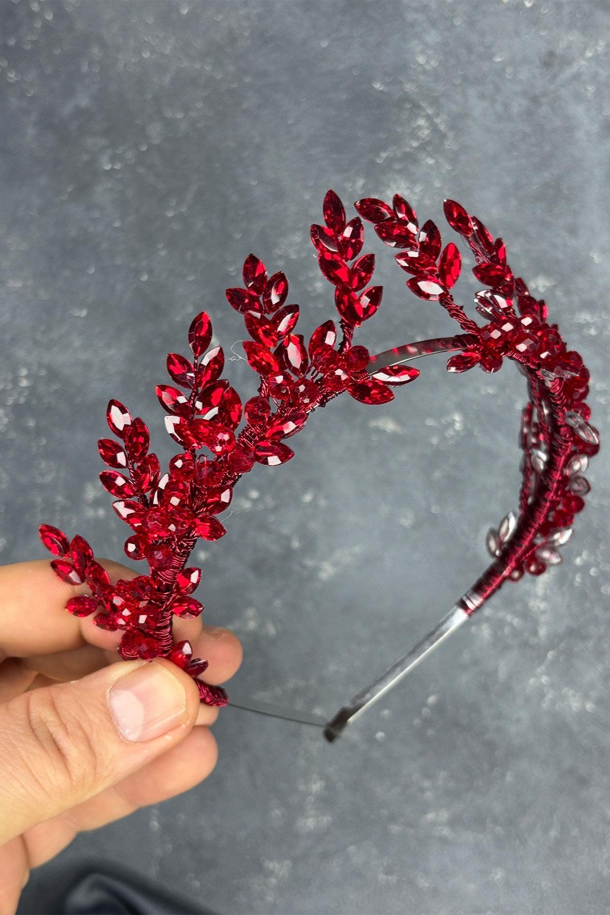 Kırmızı Venüs Yaprak Tasarım Gelin Kına Tacı Saç Aksesuarı