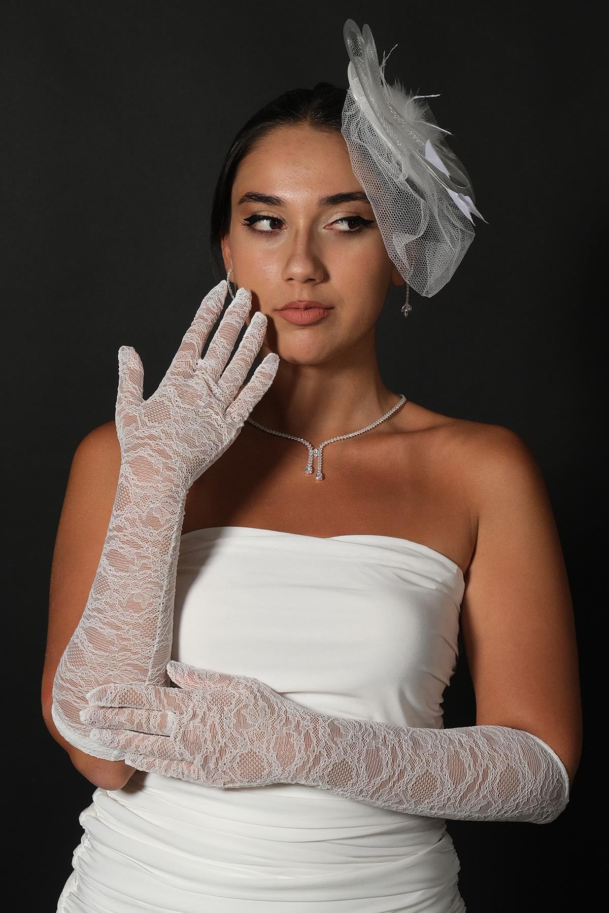 Likralı Dantel Uzun Gelin Eldiveni Ve Düz Vualet Nikah Şapkası