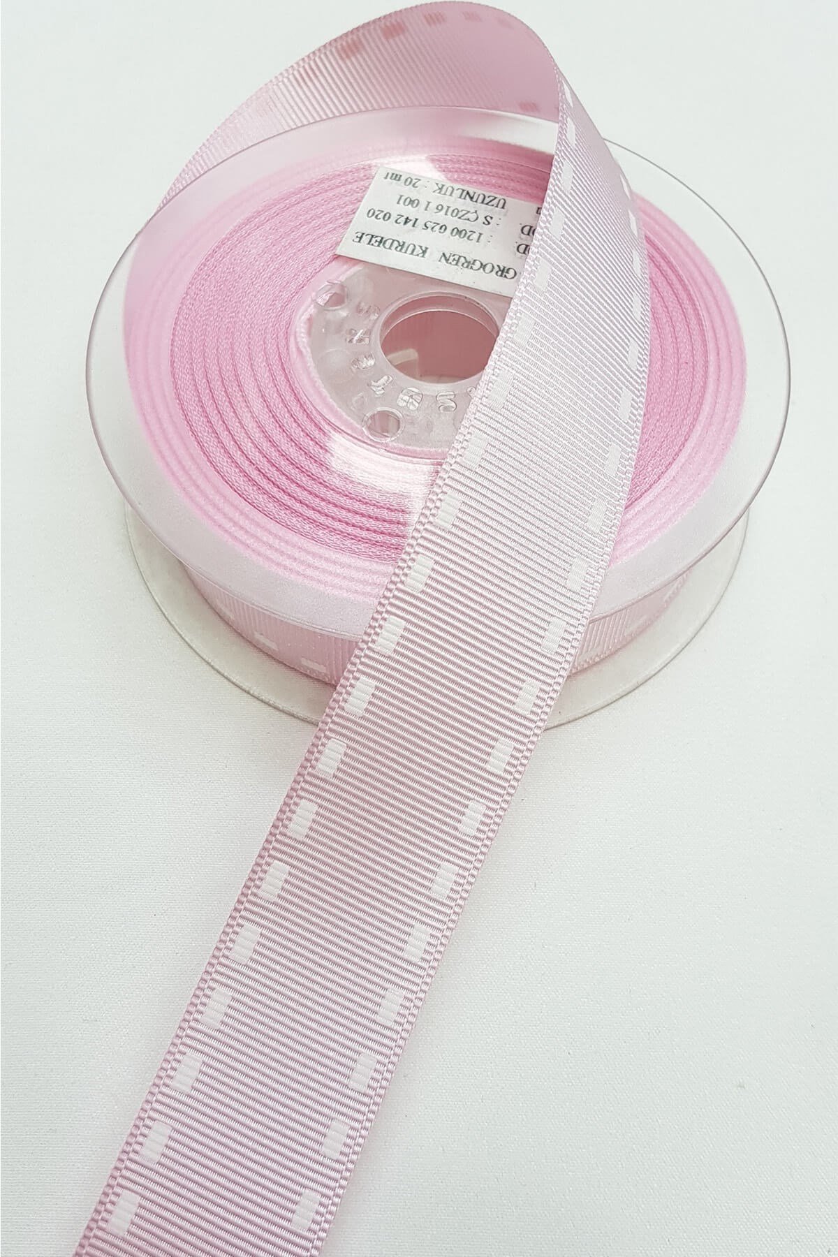 Pembe Şeritli Baskılı Grogren Kurdele 2,5Cm