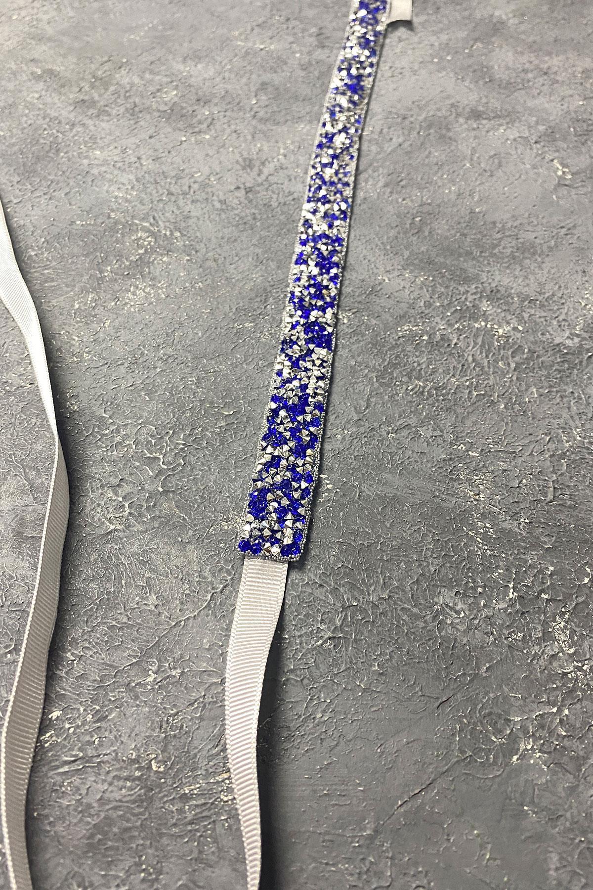 Saks Mavi Boncuk İşlemeli Abiye Elbise Kemeri Bel Aksesuarı