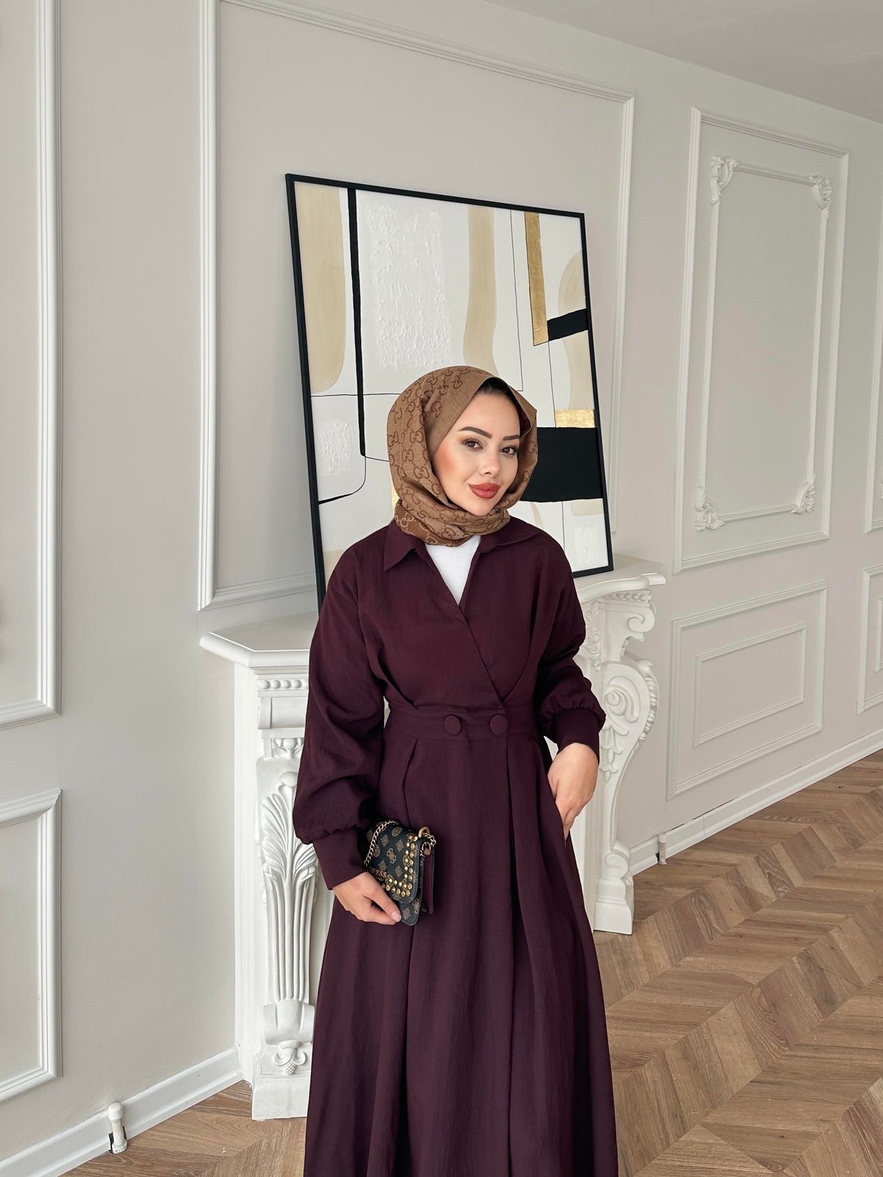 Düğmeli Anvelop Elbise Mürdüm