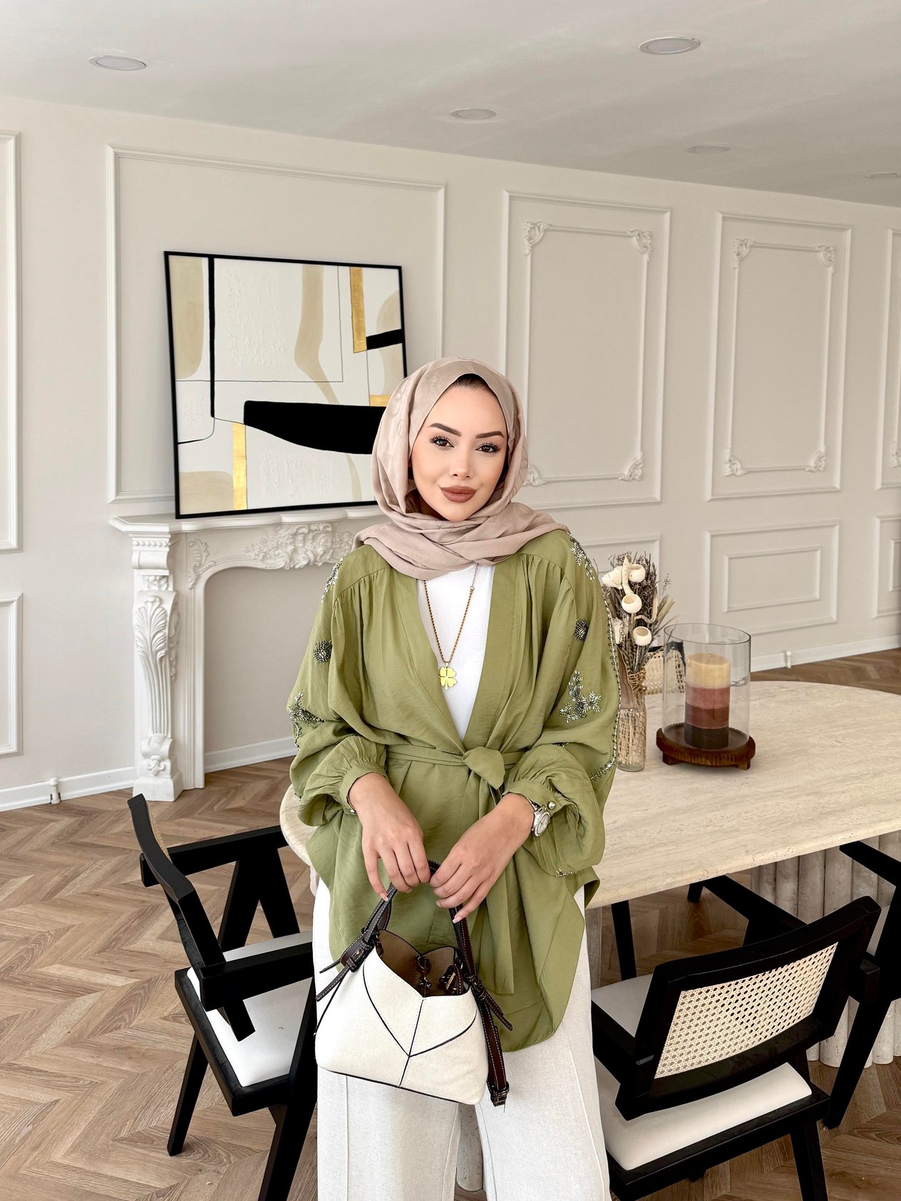 Nakışlı Kimono Yağ Yeşili