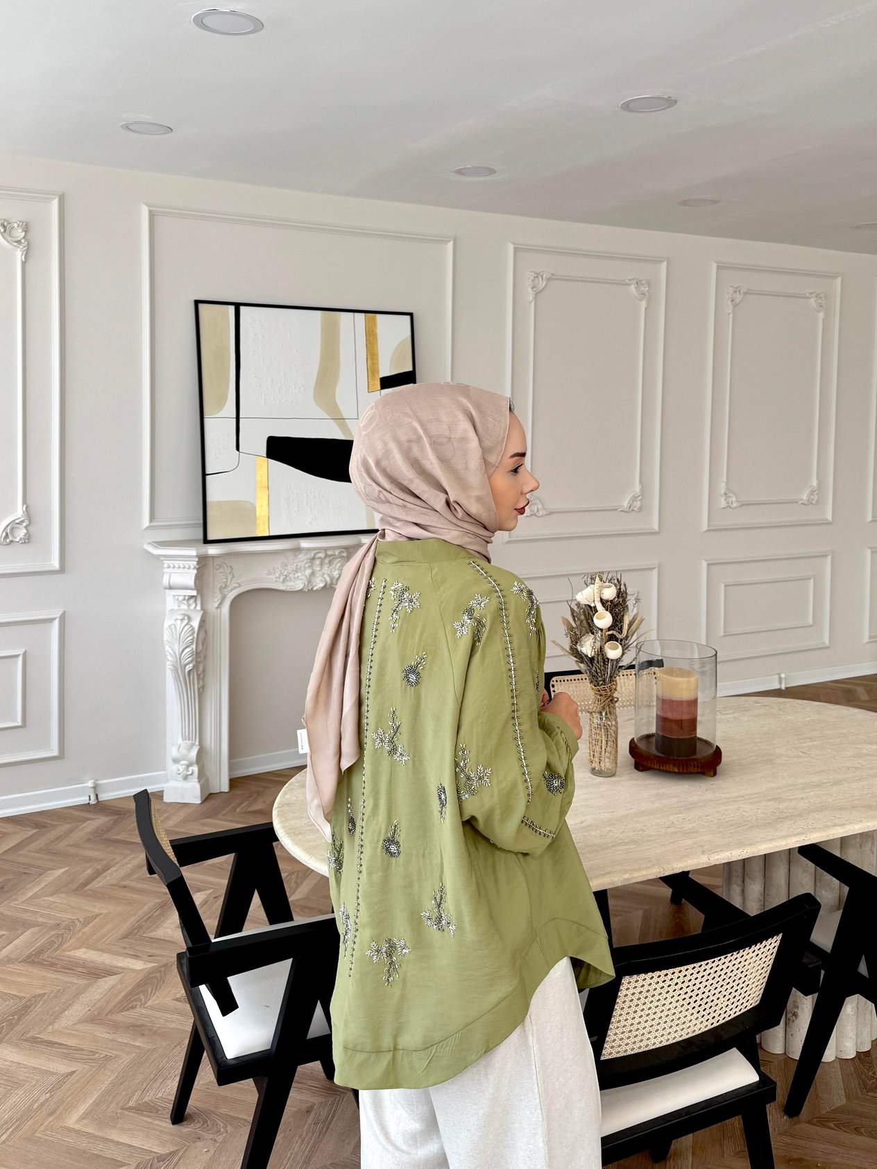 Nakışlı Kimono Yağ Yeşili