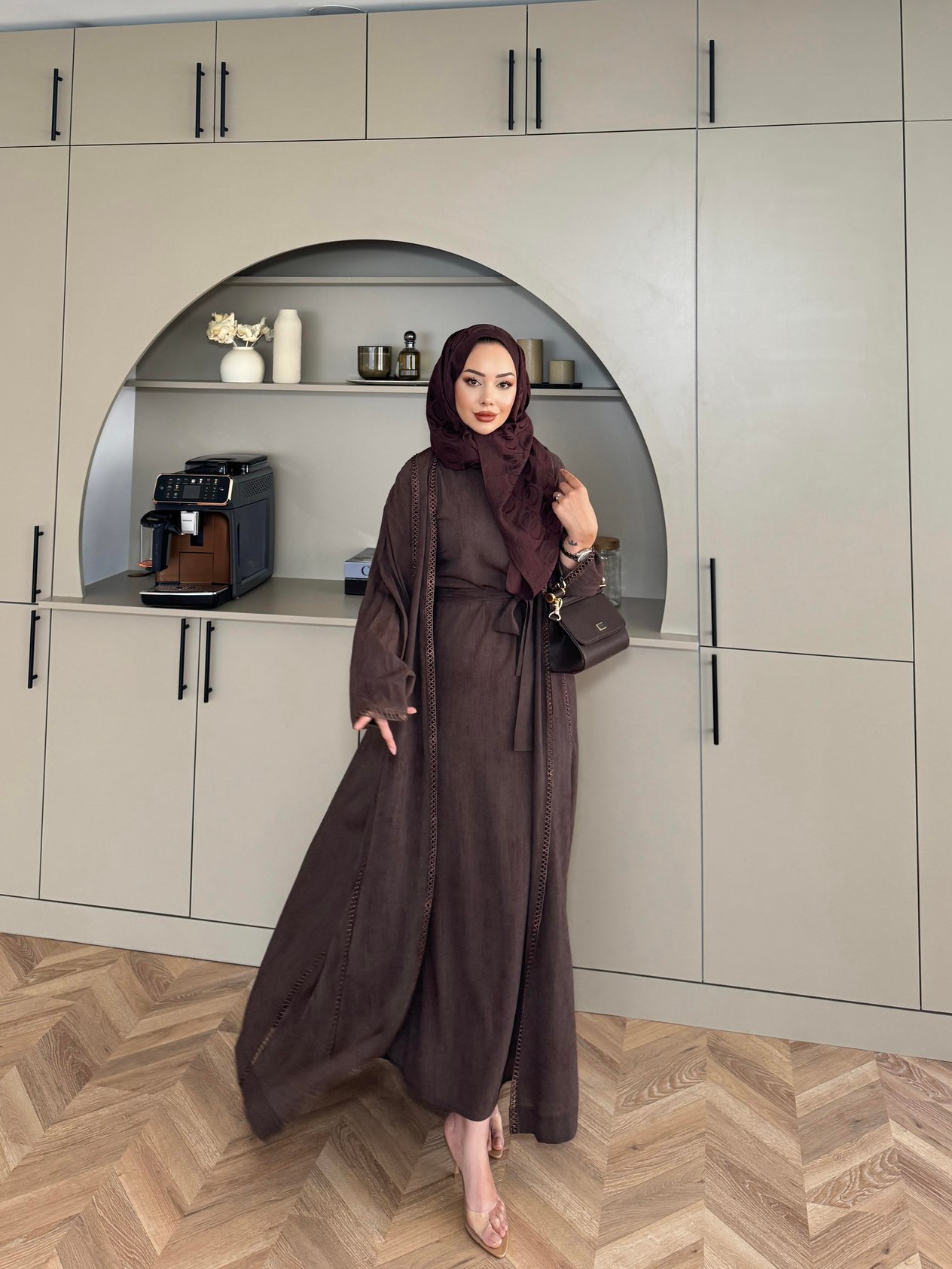 Vola İç Elbiseli Kimono Takım Kahve