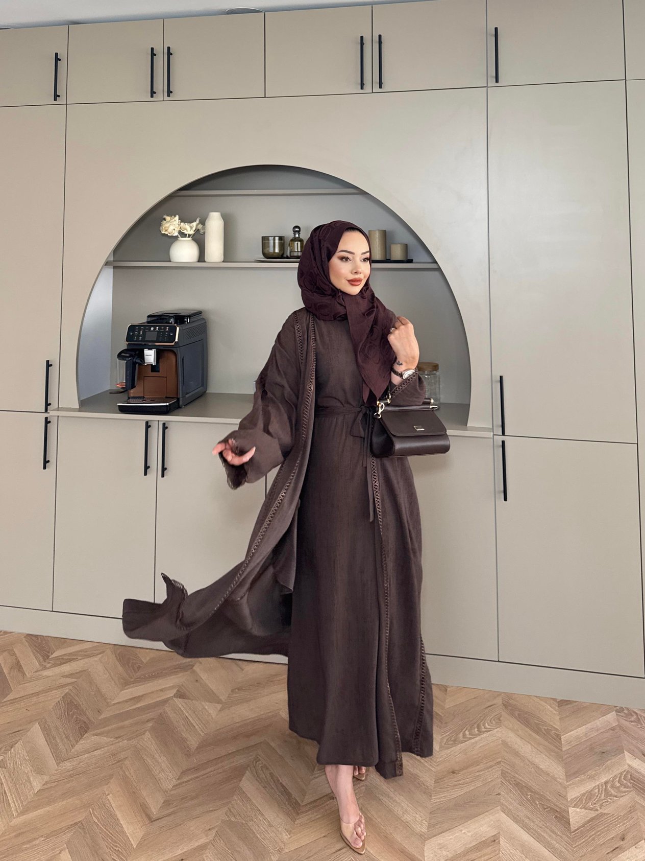 Vola İç Elbiseli Kimono Takım Kahve