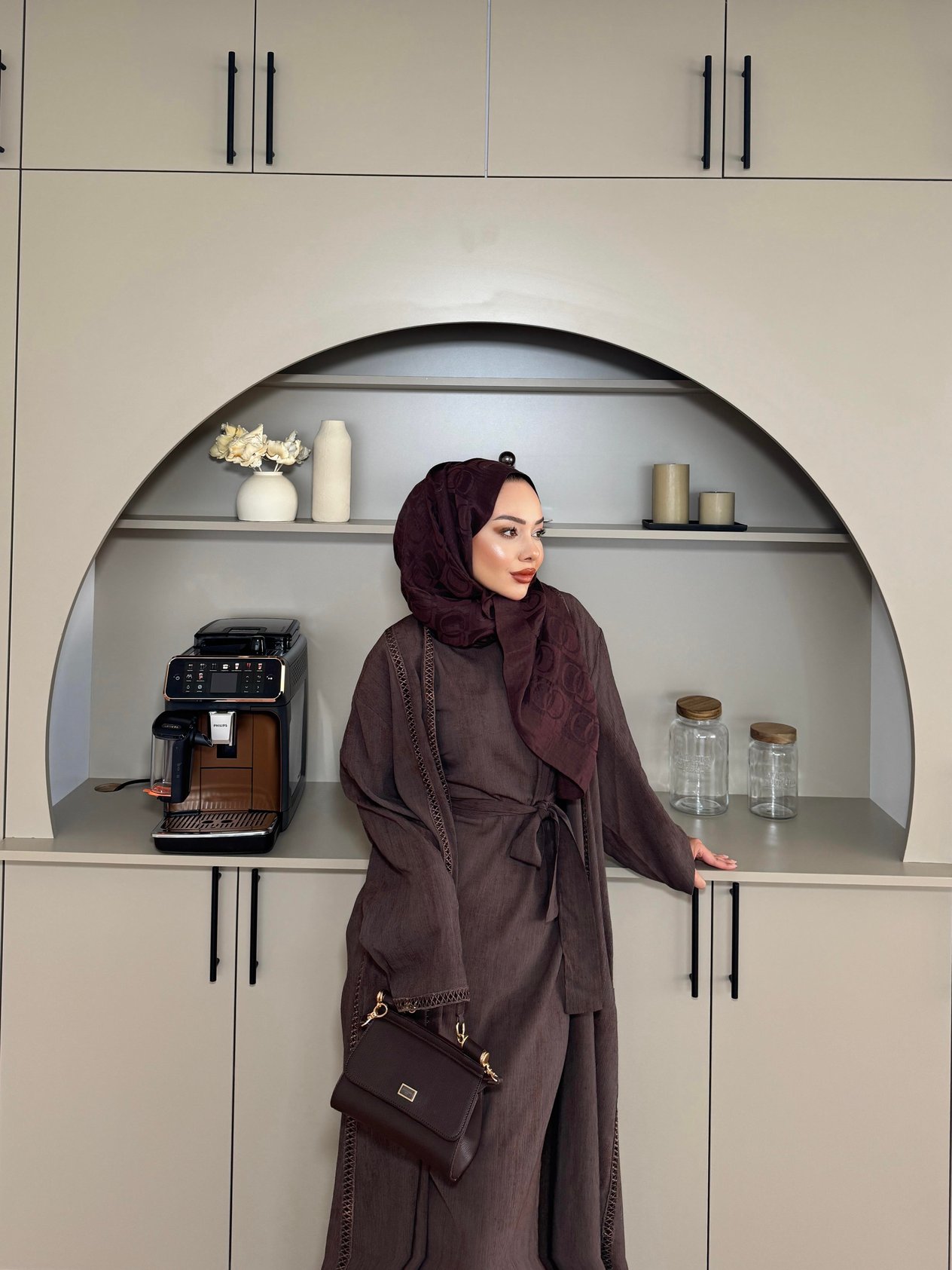 Vola İç Elbiseli Kimono Takım Kahve