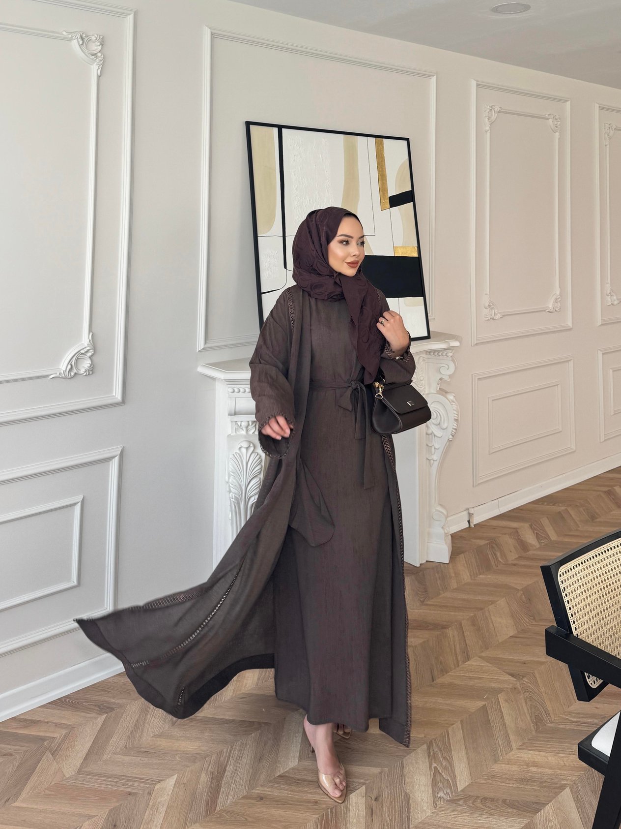 Vola İç Elbiseli Kimono Takım Kahve