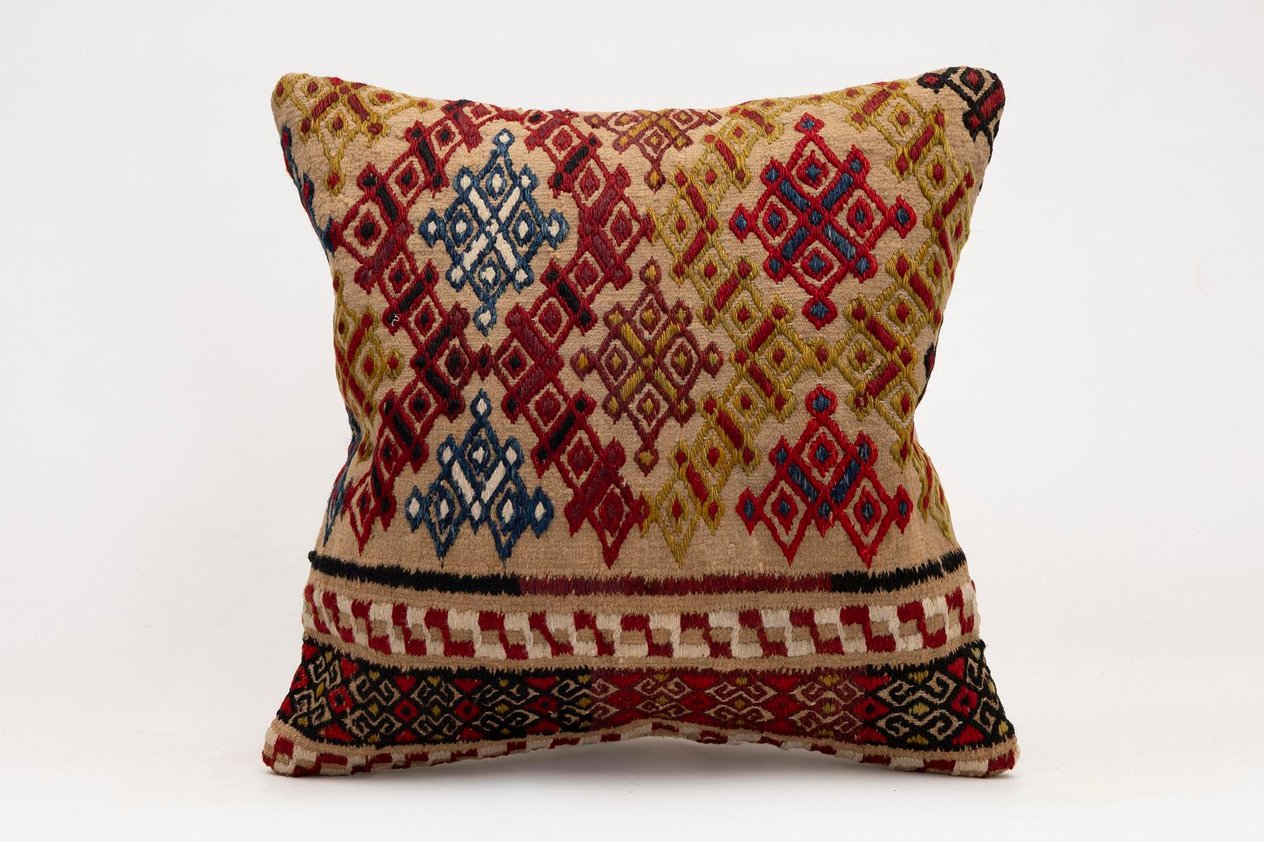 16x16 inches (40x40 cm) Kilim Pillow | KILIM WHOLESALE -&nbsp;Vintage Handmade Pillows - Vintage Handmade Kilim Rugs - It is 100% wool. Artistic and historical rugs. Old handwoven rugs. -&nbsp;Online hand woven rugs and kilim cushions sales. Shipping to a