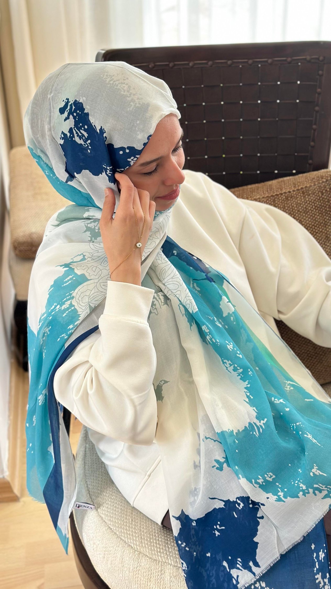 Dünya Desen Mavi Pamuk Şal