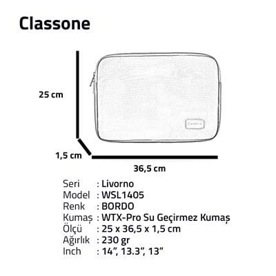 Classone Livorno Serisi WSL1405 13-14 inch uyumlu Macbook ,Tablet Taşıma Çantası -Bordo