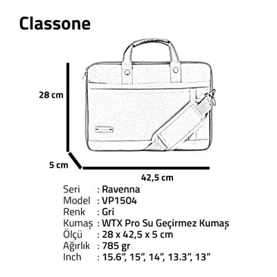 Classone Ravenna Serisi 15.6 inch  El Çantası-Gri