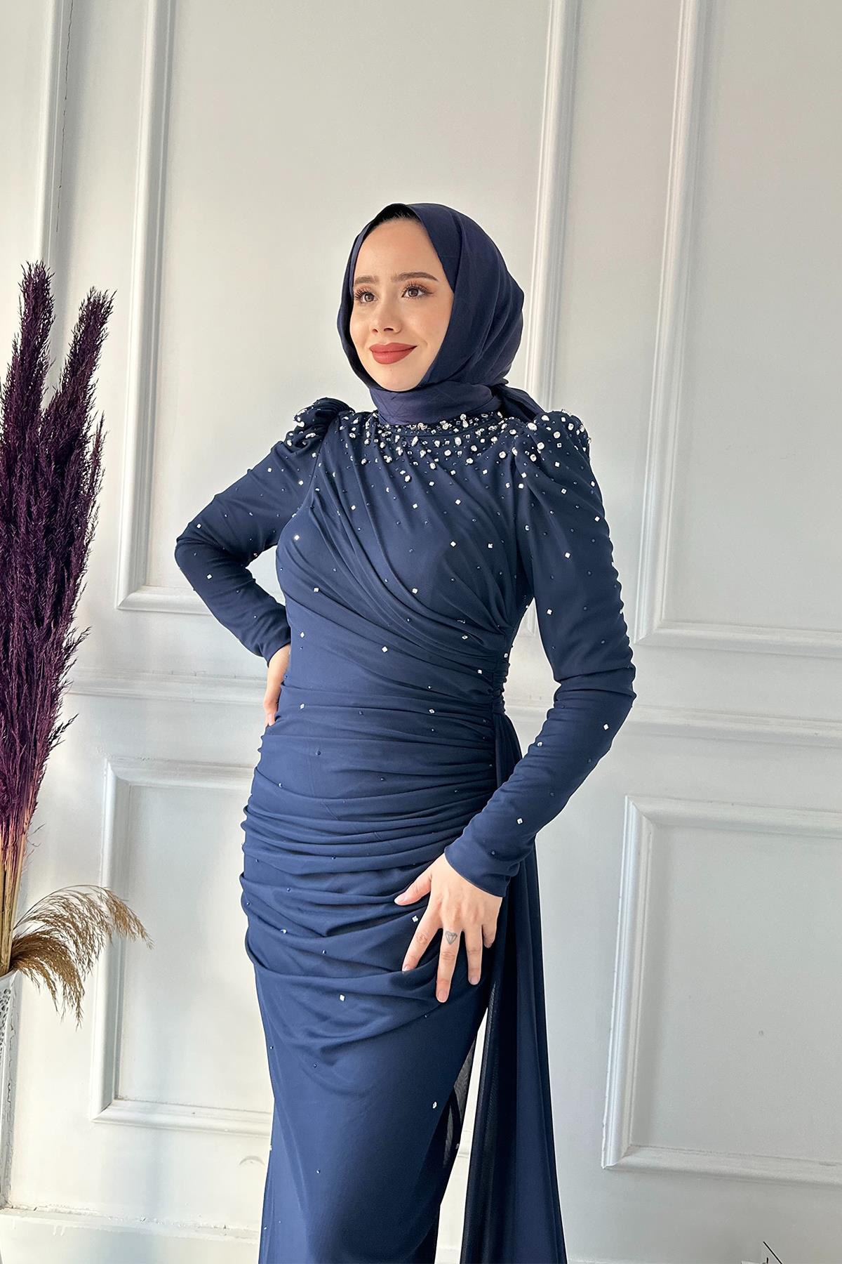 HENNİN TAŞLI ÖNÜ PİLİSE PELERİN ABİYE 4847 Lacivert