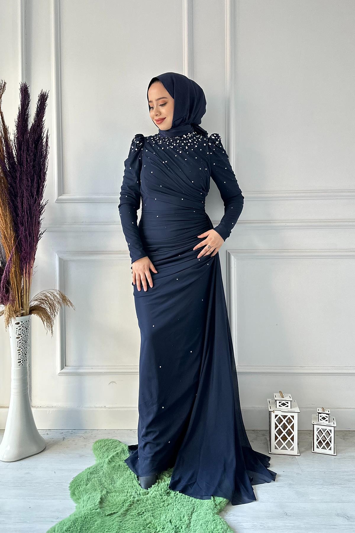 HENNİN TAŞLI ÖNÜ PİLİSE PELERİN ABİYE 4847 Lacivert