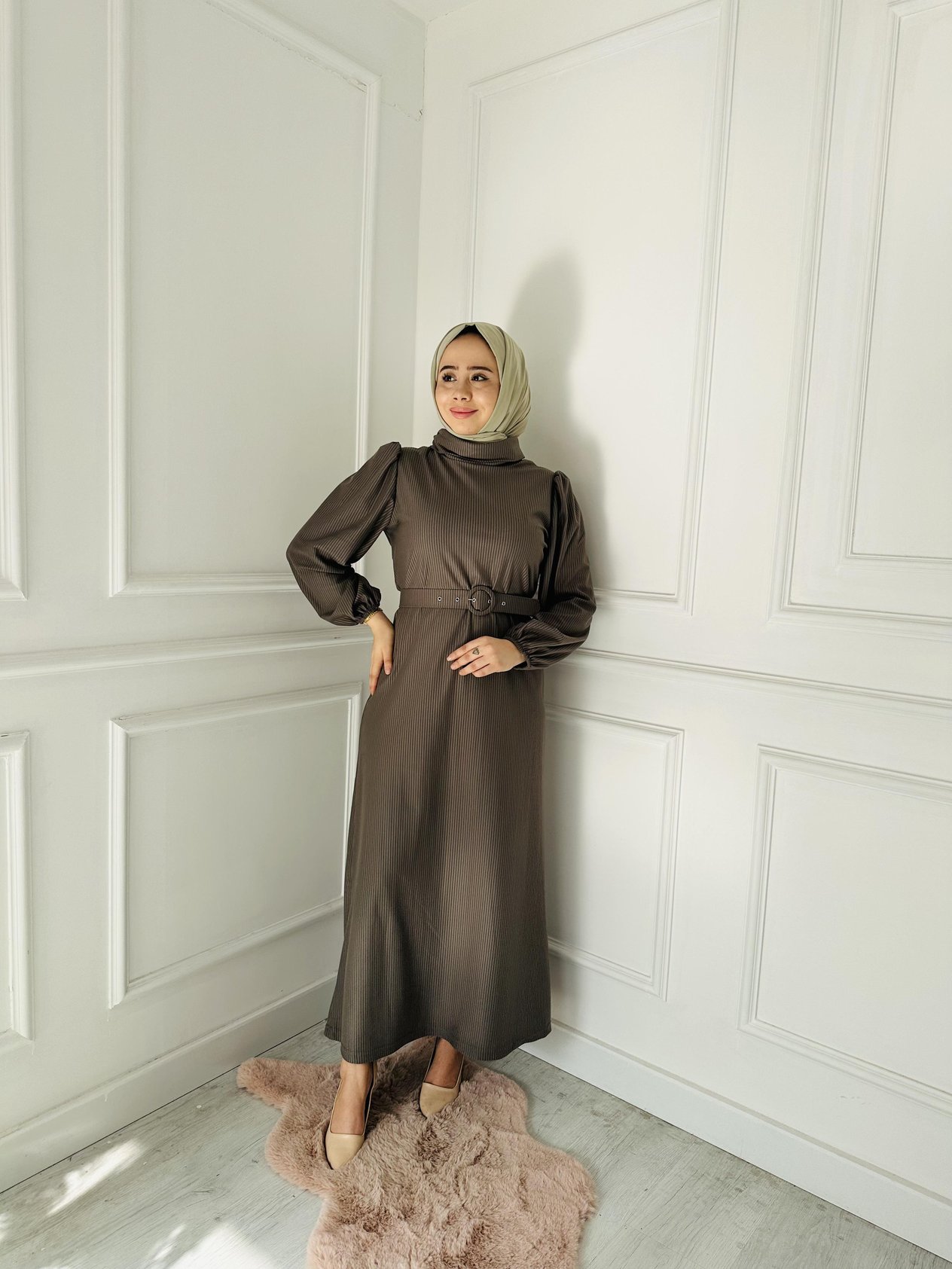 Kemerli Kadife Elbise 5826 Haki