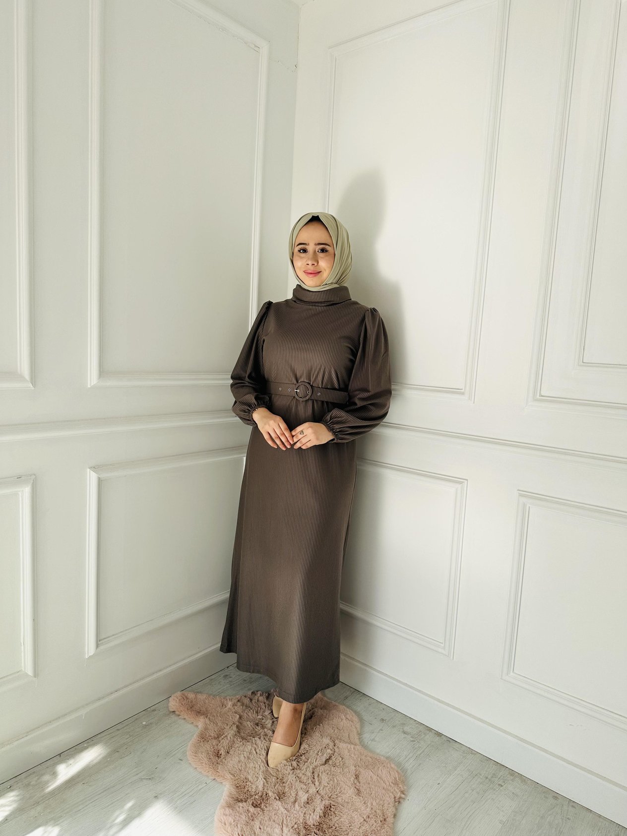 Kemerli Kadife Elbise 5826 Haki