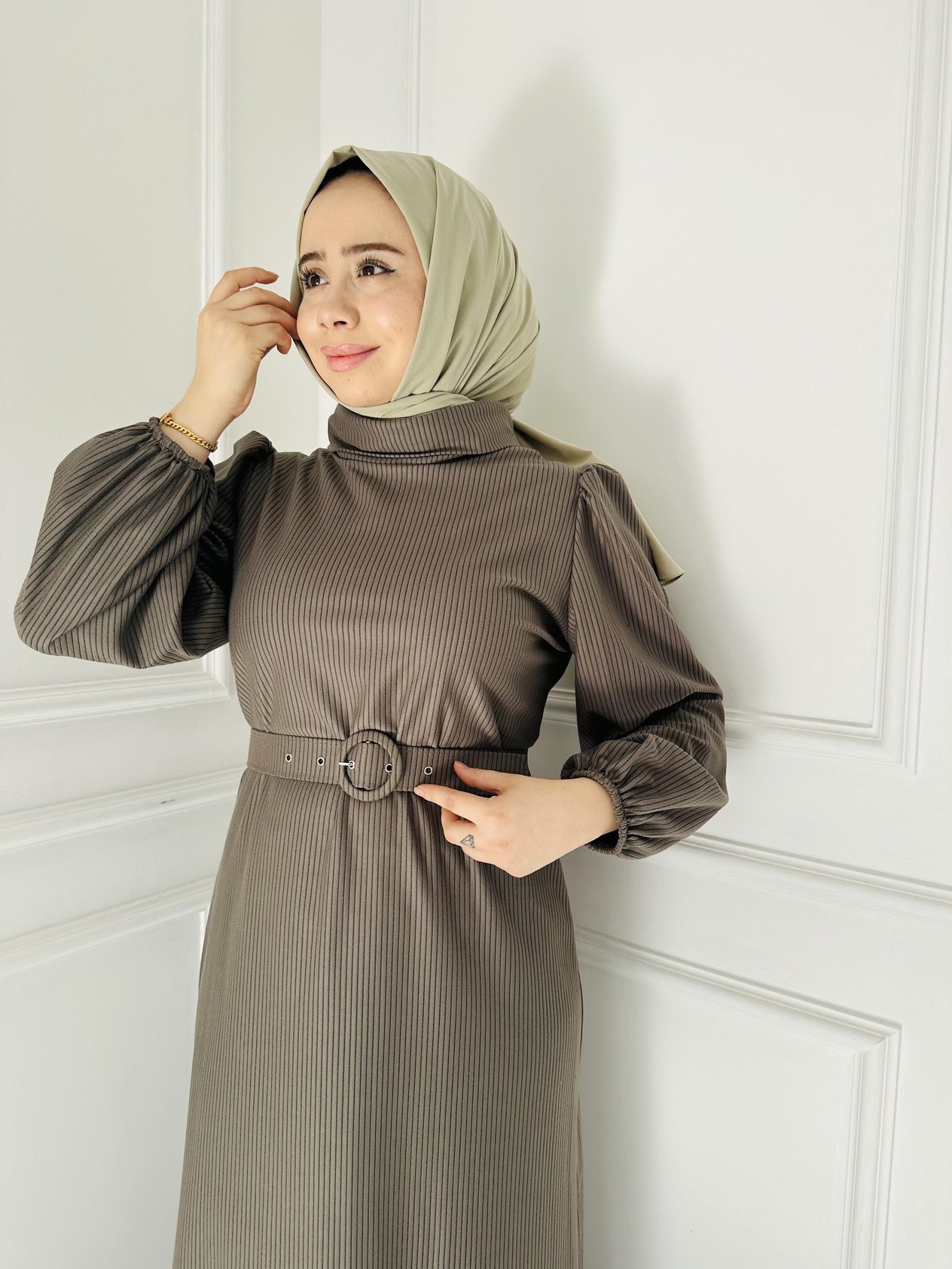 Kemerli Kadife Elbise 5826 Haki
