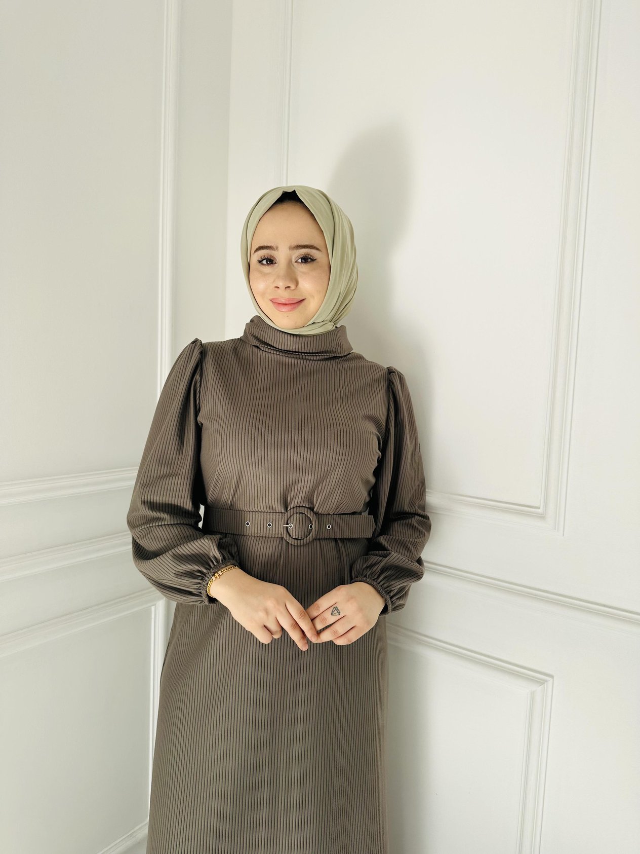 Kemerli Kadife Elbise 5826 Haki
