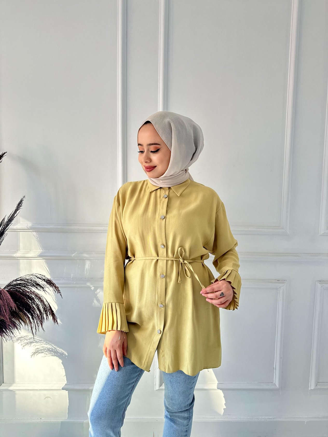 Kolu Piliseli Manşet Simli Kemerli Tunik 7278 Fıstık yeşili