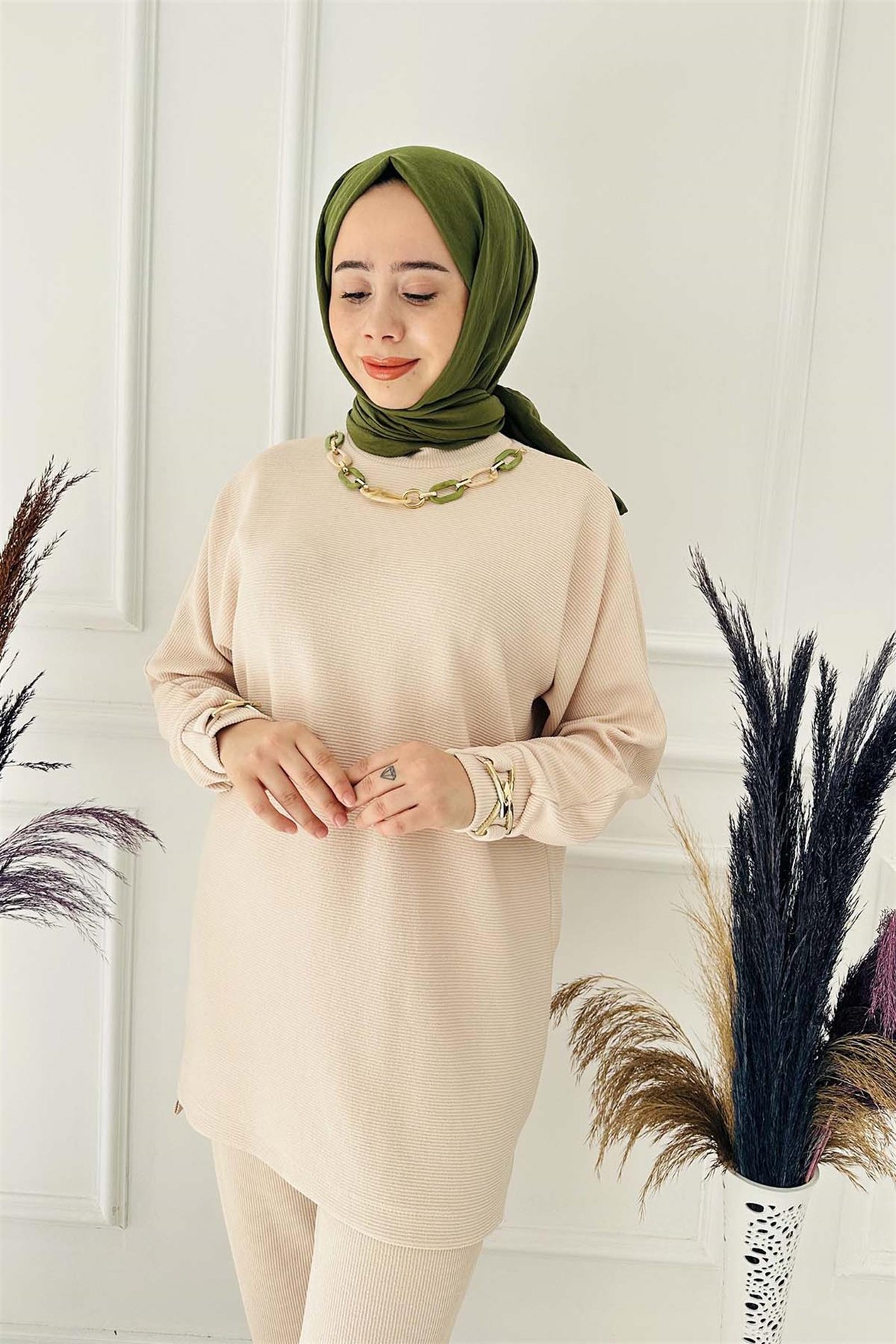 Kolyeli İkili Triko Takım 7116 Taş