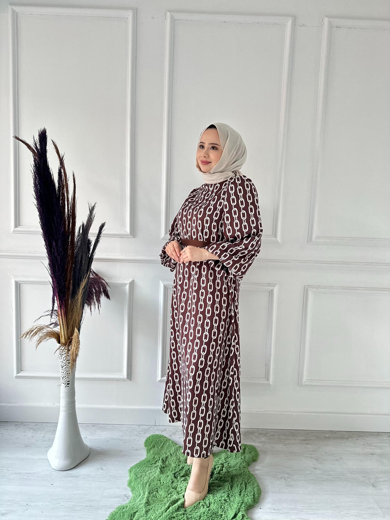 kuşaklı  desenli saten balon kol elb 1079 Kahve