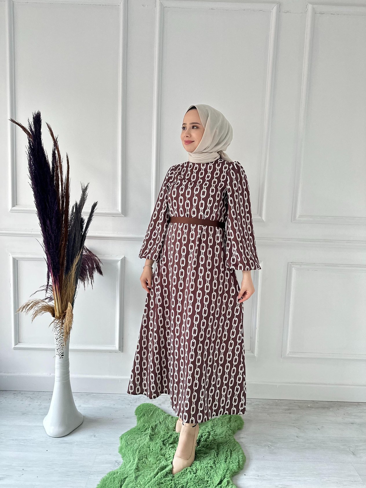 kuşaklı  desenli saten balon kol elb 1079 Kahve