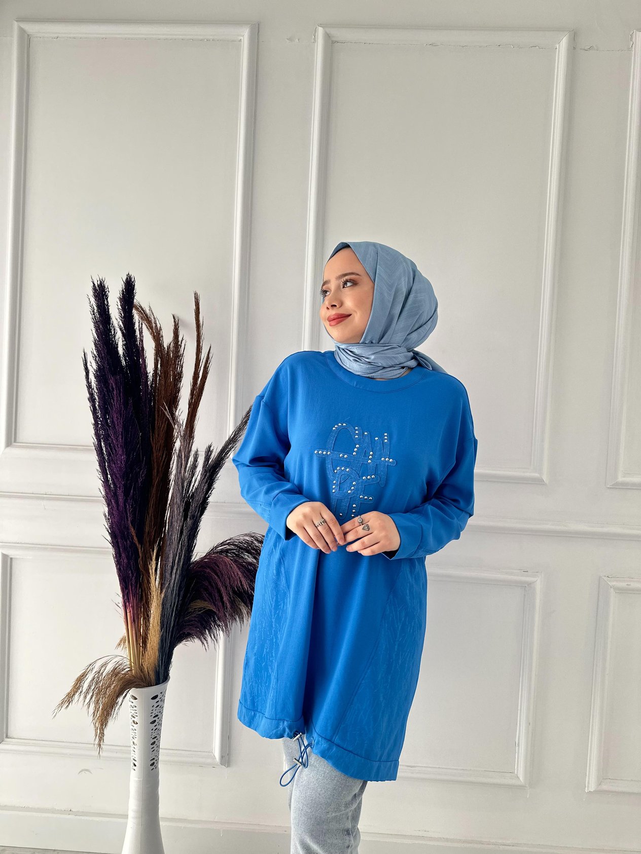 ön bölümde perçin detay tunik 10442 Saks