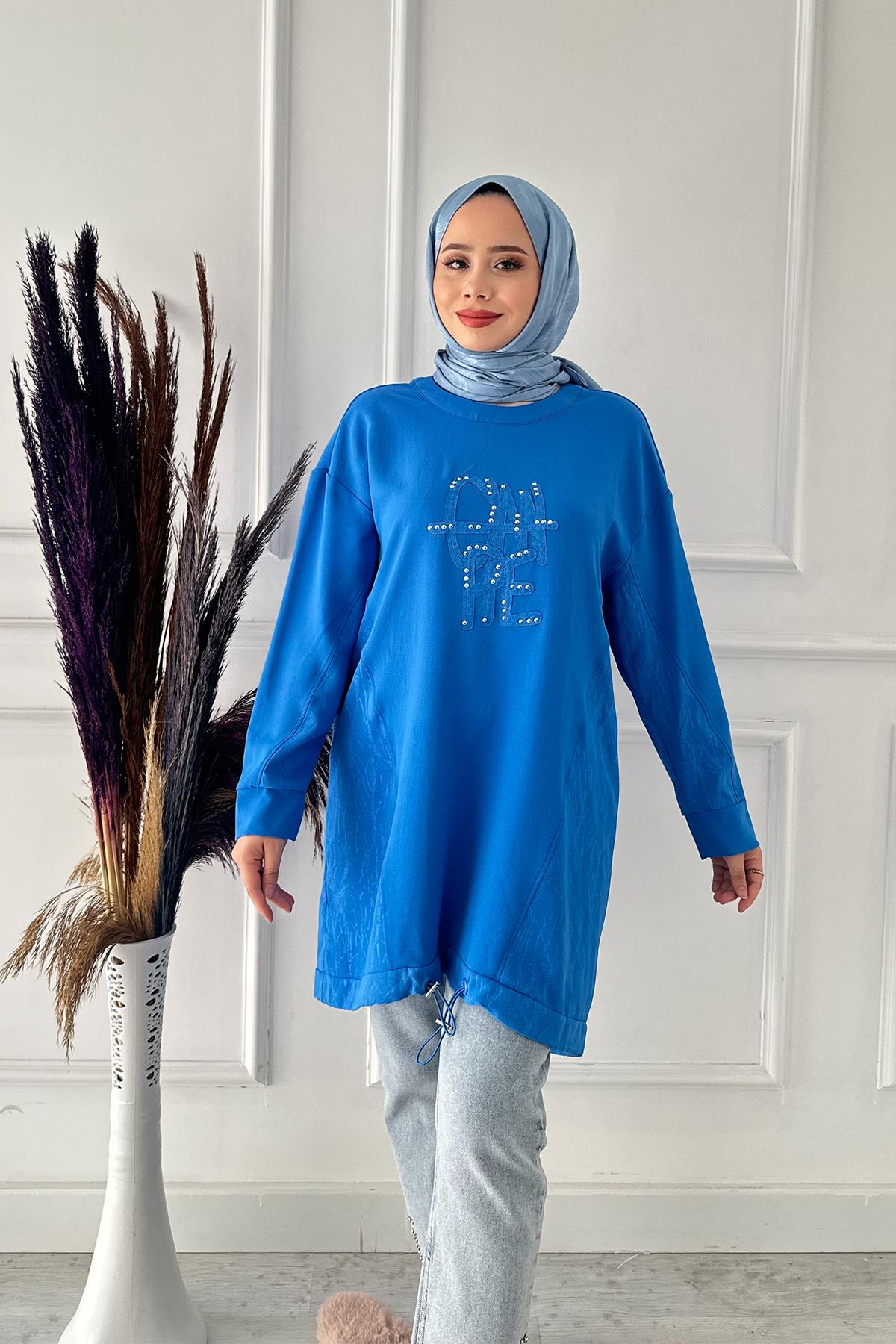 ön bölümde perçin detay tunik 10442 Saks