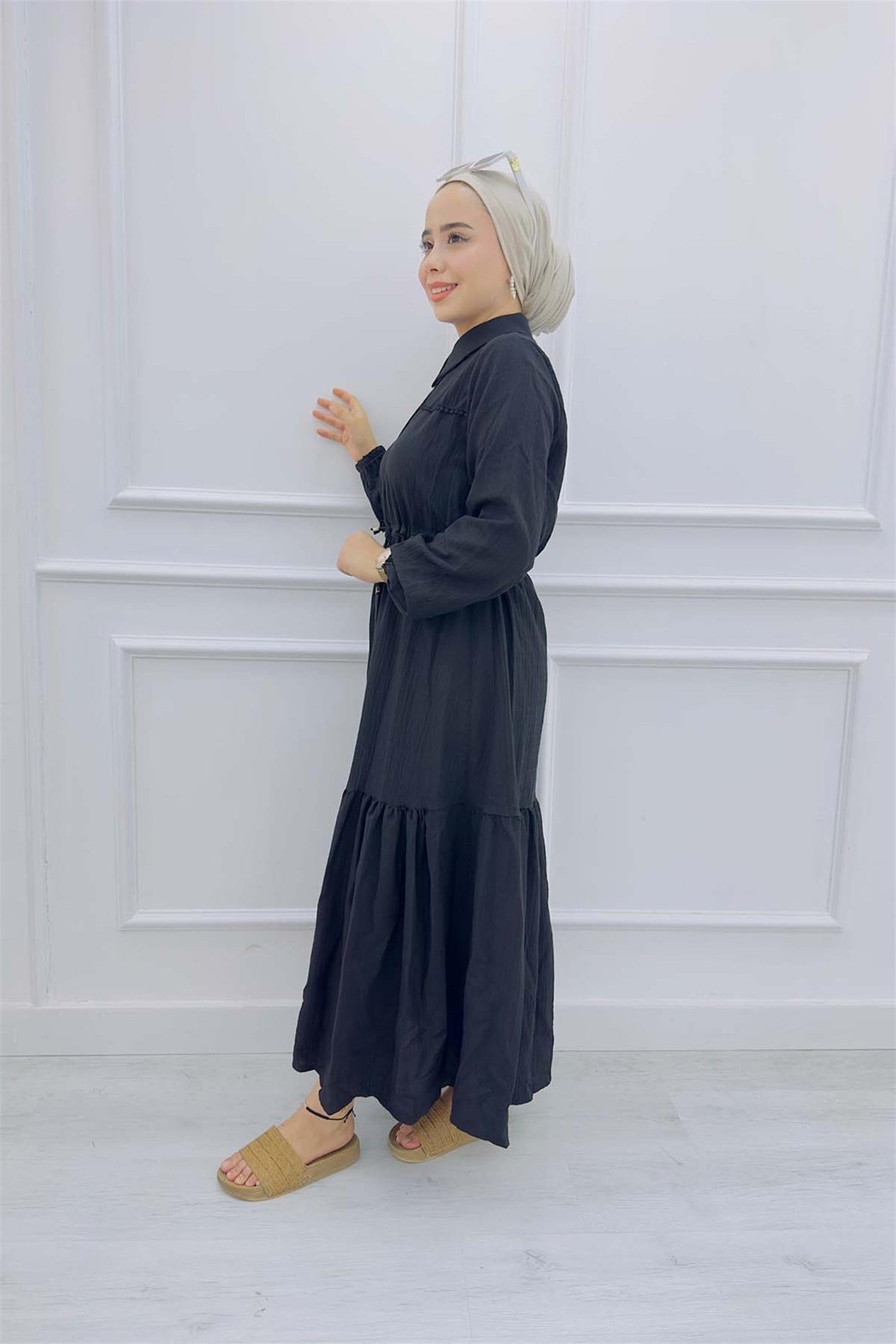 Önü Bağlamalı Keten Elbise 9494 Siyah