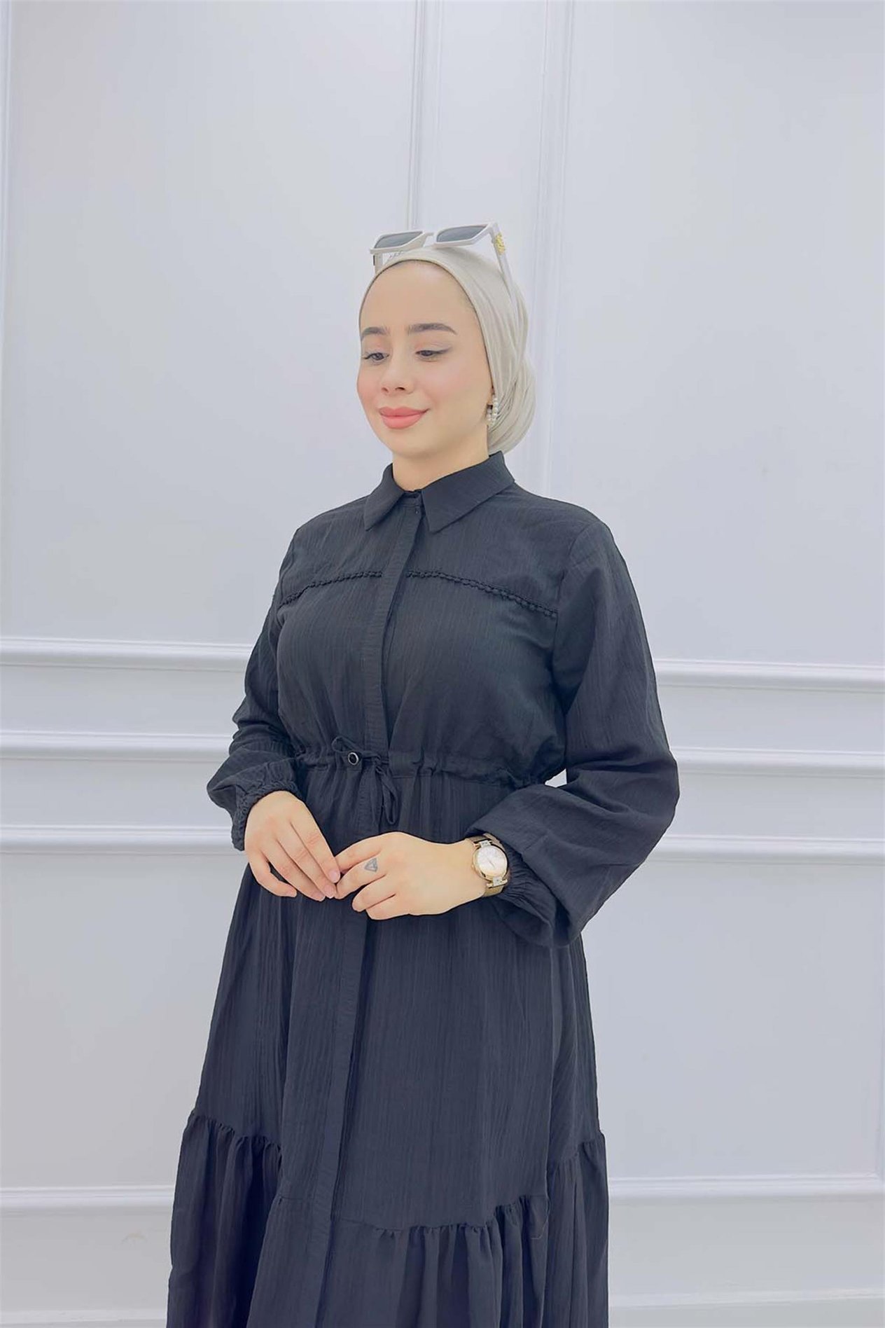 Önü Bağlamalı Keten Elbise 9494 Siyah