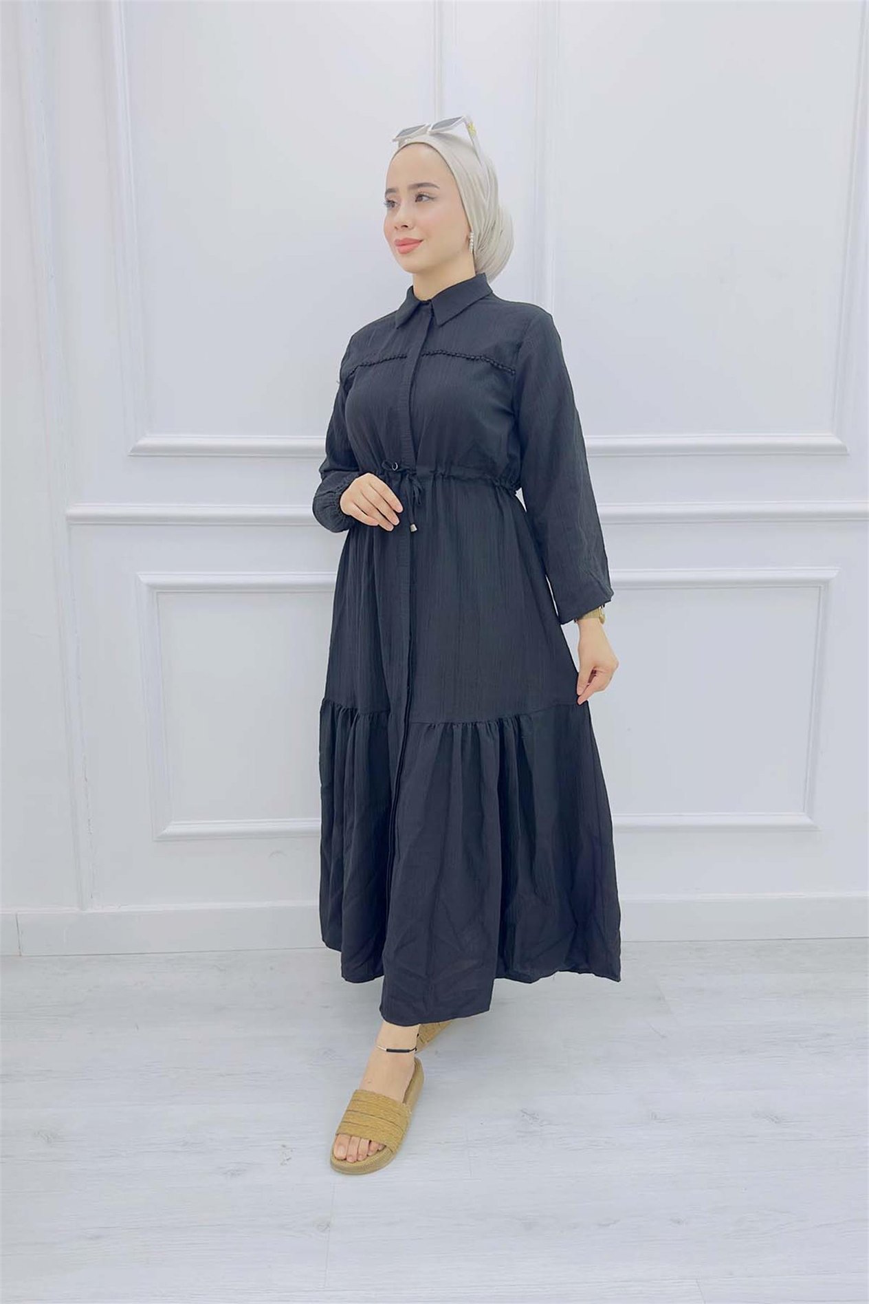 Önü Bağlamalı Keten Elbise 9494 Siyah