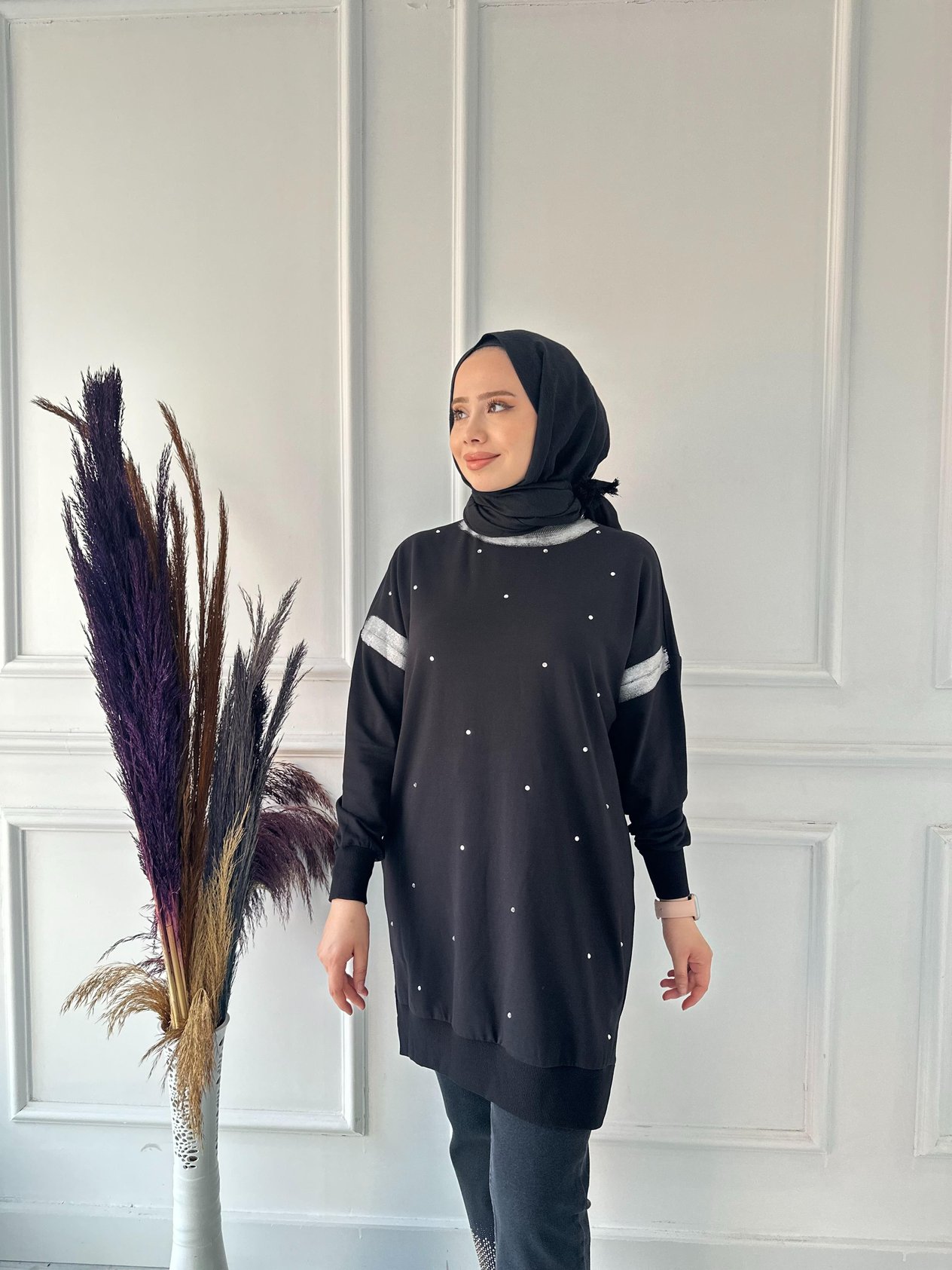 yaka sim serpme taşlı swt tunik10457 Siyah